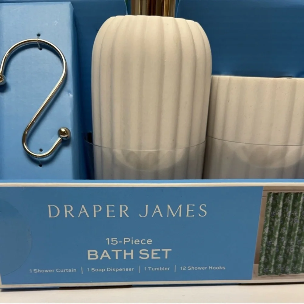 Draper James 15-Pc Bath Set Green & Blue Shower Curtain, Soap Dispenser, Tumbler